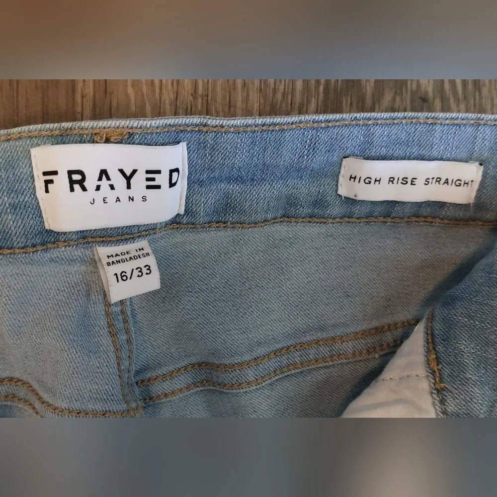 Frayed Raw Hem Light Wash High Rise Straight Denim Jeans Size 16 Flat Front Chic - Picture 4 of 10